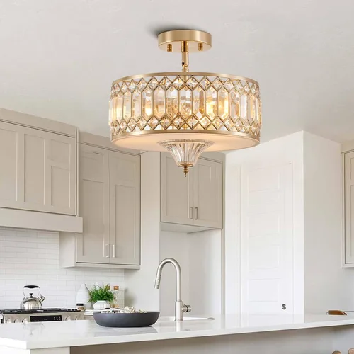 Vista 9 de Gold Crystal Ceiling Light Fixture for Hallway Foyer Bedroom Kitchen Island, 13" Modern Drum Round Close to Ceiling Light Fixture, 3-Light, Brushed