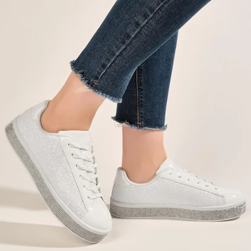 Vista 6 de UUBARIS Zapatillas de tenis con purpurina para mujer, color neón, elegantes, brillantes, con diamantes de imitación, para boda, novia, zapatos