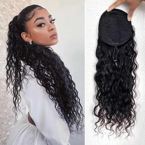 Vista 8 de Extensiones de cola de caballo con correa de cabello humano rizado, 100% cabello brasileño sin procesar, cola de caballo, pasta mágica con clip