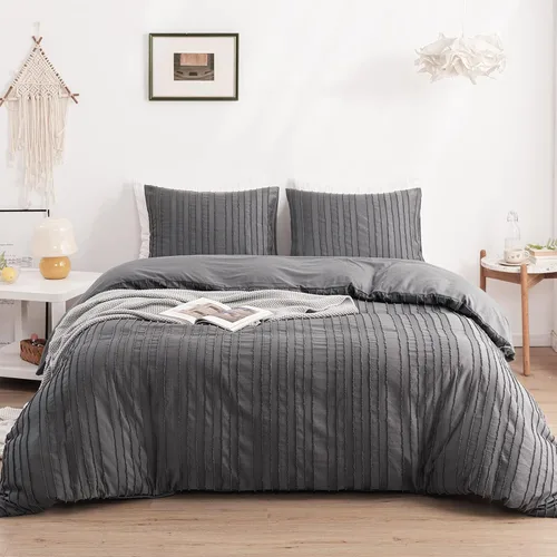 Vista 12 de WARMDERN Juego de funda de edredón a rayas azules, ropa de cama con textura bohemia acolchada con mechones, 2 piezas tamaño Twin de microfibra
