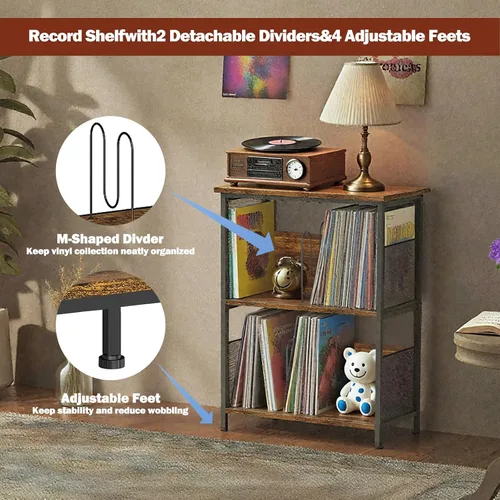 Vista 5 de Soporte para tocadiscos, soporte para discos de vinilo de 3 niveles, soporte giratorio con 2 separadores y 4 pies ajustables, mesa para tocadiscos