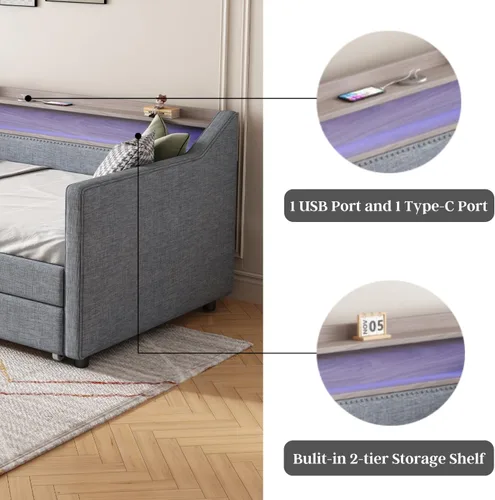 Vista 4 de Sofá cama individual con 2 cajones de almacenamiento, cama tapizada con LED y estación de carga USB para sala de estar, dormitorio, habitación