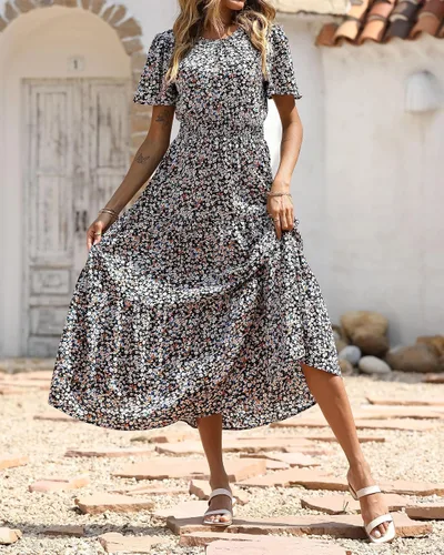 Vista 3 de PRETTYGARDEN - Vestido largo casual de verano para mujer, manga corta, con vuelo, cuello redondo, cintura fruncida, escalonado, bohemio, floral