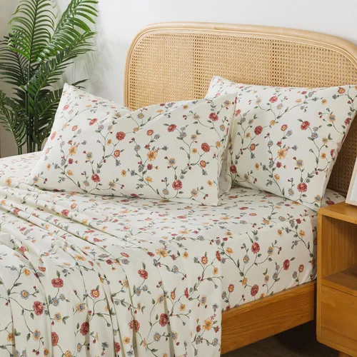 Vista 49 de Zusbest Juego de sábanas florales de 100 % algodón percal, color naranja y amarillo, juego de sábanas suaves y transpirables con diseño botánico