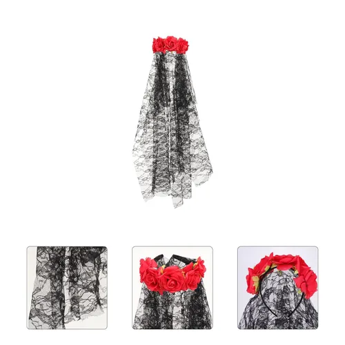 Vista 8 de Beaupretty Diadema de rosas con diseño floral, diadema de Halloween, velo rosa, disfraz para niñas, cosplay, Halloween, tocado de tela, flores