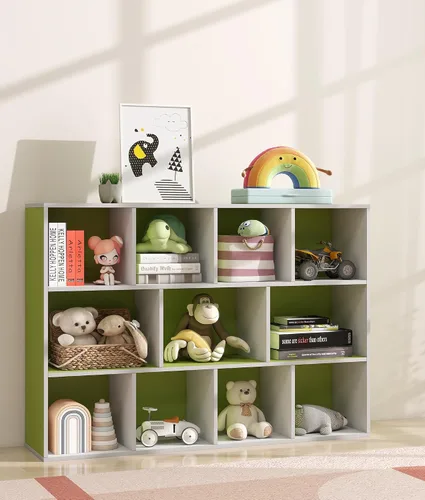 Vista 8 de Organizador de almacenamiento de juguetes para niños de 11 cubos con estante para niños, estantería de bebé para guardería, estantería de madera