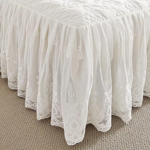 Vista 5 de Colcha acolchada de algodón brocado con patrón de flores, falda de cama con volantes, tamaño Queen, beige