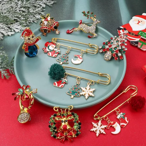 Vista 2 de Kakonia Juego de 9 broches de Navidad con diamantes de imitación, joyería para mujeres y hombres, árbol de Navidad, reno, Papá Noel, cascabel