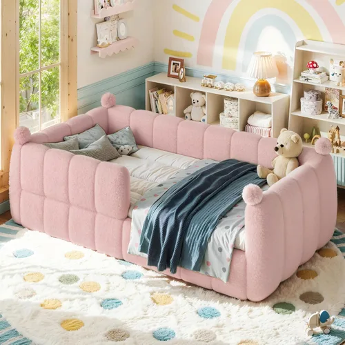 Vista 14 de Cama de suelo tapizada con valla, cama de piso tamaño individual con Beige