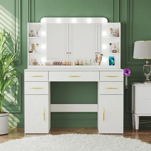 Vista 7 de Escritorio de tocador de 45.5 pulgadas con espejo y luces, tocador de maquillaje con luces, 3 ajustes de modelos y toma de corriente, escritorio