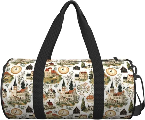 Vista 6 de Large Duffle Bag for Travel - Retro Village Print Gym Bag for Women Men, Travel Foldable Bags for Women Men with Zippered Multiple Pockets