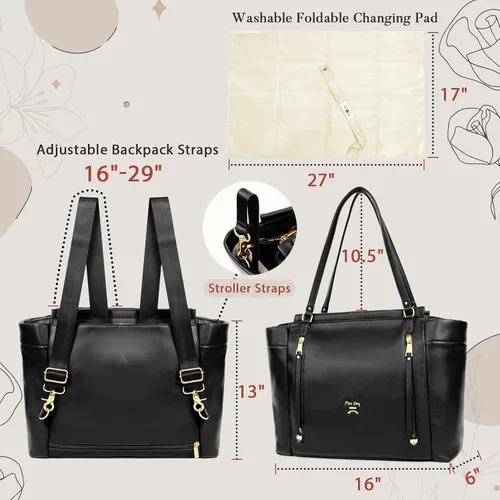 Vista 5 de miss fong Bolsa de pañales de cuero para pañales, bolsa de pañales de gran capacidad, bolsa de hospital, bolsa de pañales para bebé con cambiador