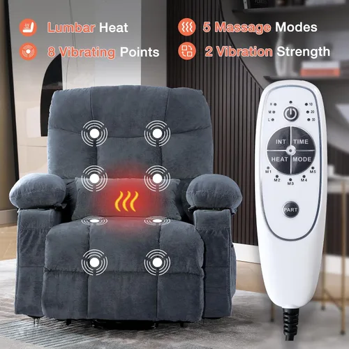 Vista 4 de MAHOMICO Silla reclinable eléctrica para personas mayores con masaje por vibración y calefacción lumbar, sofá reclinable eléctrico con bolsillo