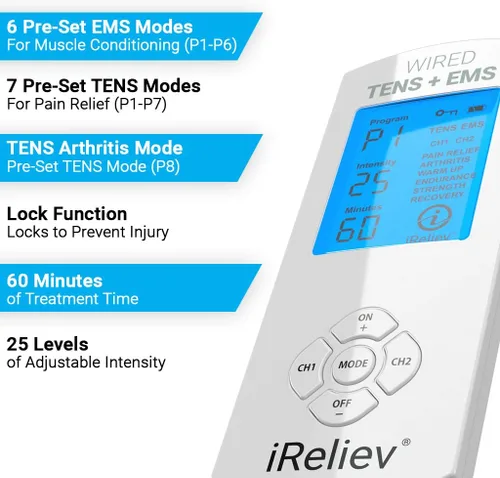 Vista 7 de Unidad iReliev TENS aprobada por la FDA + 14 modos de terapia, sistema de recuperación y alivio del dolor premium, recargable, pantalla grande
