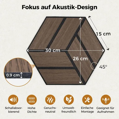 Vista 6 de Pack of 24 Hexagon Acoustic Panels, Self-Adhesive, 30 x 26 x 0.9 cm, High Density Sound Absorber Wall, Sound Insulation Panels for Studio, Office