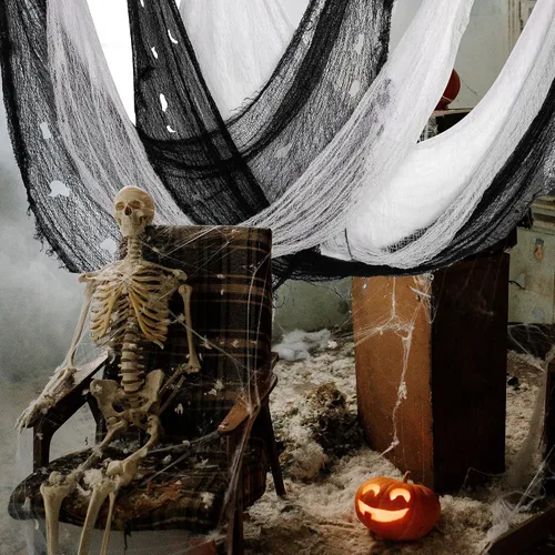 Vista 4 de 5 piezas de tela espeluznante de Halloween, tela espeluznante de 30 x 72 pulgadas, tela de tejido suelto espeluznante para decoración de fiesta