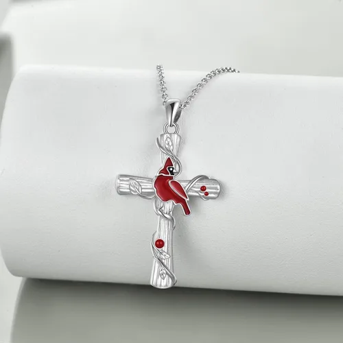 Vista 4 de POPKIMI Collar con colgante de cardenal rojo, plata de ley S925, joyería cardenal de cristal de pájaro rojo, conmemorativo de árbol cardenal rojo