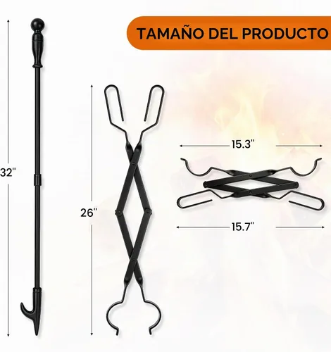 Vista 2 de FEED GARDEN Set de póker de chimenea de 32 pulgadas y pinzas de chimenea de 26 pulgadas para herramientas de hoguera, accesorios de chimenea