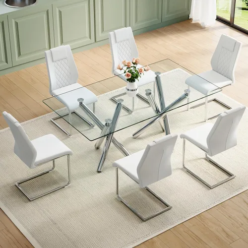 Vista 7 de Juego de mesa de comedor de cristal para 6, 71 pulgadas juego de mesa de comedor moderno para 6 7 Piece Dining Table Set, 6 White Dining Chairs