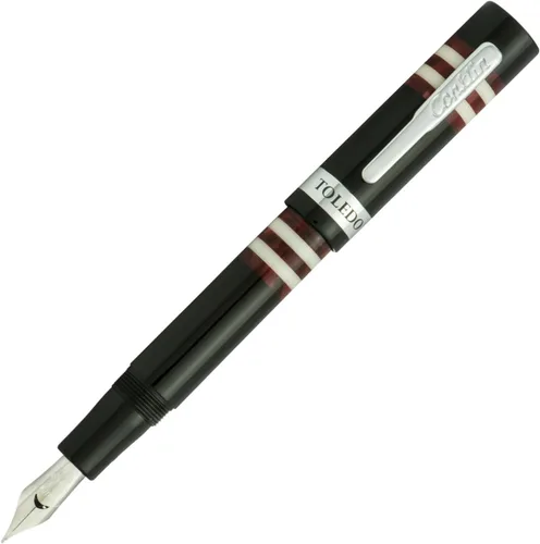 Vista 5 de Conklin Toledo - Pluma estilográfica en negro con segmentos de anillo azul y blanco, punta media, pluma estilográfica de lujo con detalles cromados