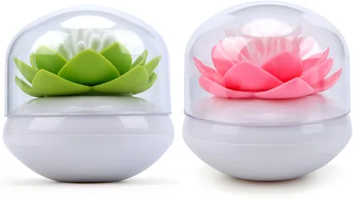 Vista 11 de Bloss - Juego de recipientes para bastoncillos de algodón con forma de flor de loto. Caja pequeña para palillos de dientes QTips. Decoración floral
