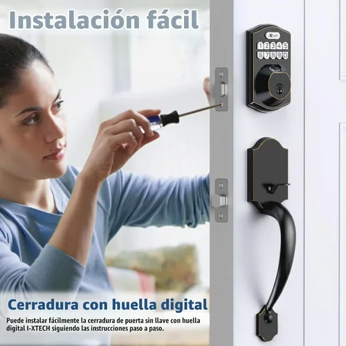 Vista 5 de IXTECH Juego de cerradura de puerta de huellas dactilares, cerrojo de cerradura de puerta de entrada sin llave con mango y 2 llaves, bloqueo Bronce