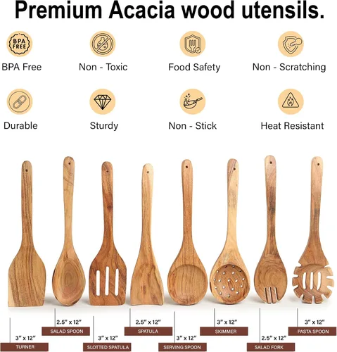 Vista 8 de Juego de 8 utensilios de cocina de madera de acacia, espátula de madera de 12 pulgadas de largo para cocinar, cucharas de madera antiadherentes