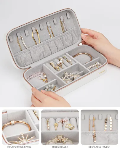 Vista 4 de Joyero pequeño joyero, caja de joyería portátil de piel sintética, gran capacidad para anillos, aretes, collares, pulseras, relojes, blanco, C