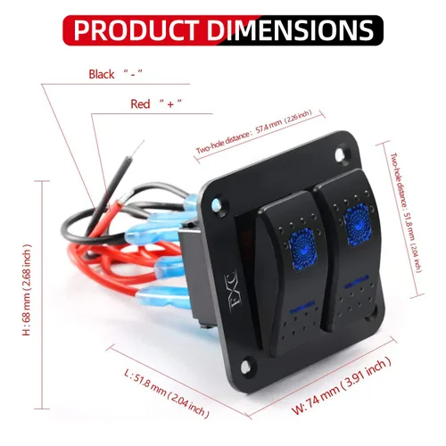 Vista 6 de FXC Interruptor basculante Panel de aluminio 2 Gang Interruptores de palanca Dash 5 Pin ON/OFF 2 LED retroiluminado para barco coche azul marino