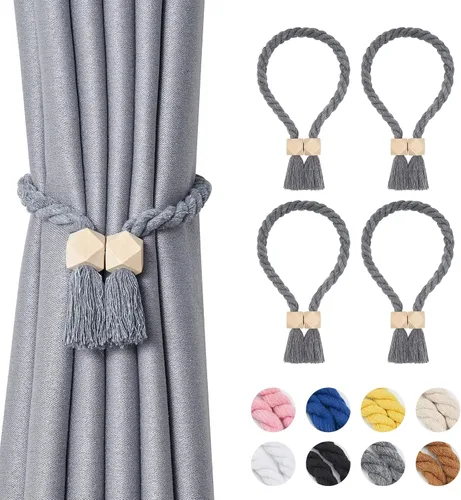Vista 35 de NICEEC 2 Pack de Alzapaños Magnéticos de Madera en Forma de Cubo Boho para Decoración del Hogar, Alzapaños de Lino Tejidos a Mano para Cortinas Beige