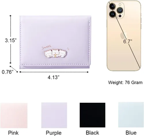 Vista 3 de Sunwel Fashion Kawaii - Cartera para tarjetas de crédito para gatitos pequeños ventana de identificación para mujeres y niñas Púrpura