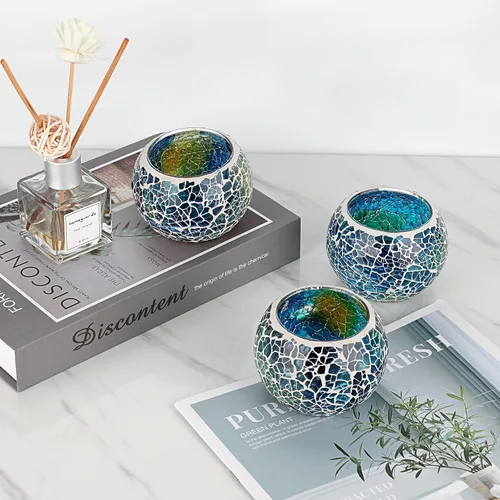 Vista 7 de OwnMy Juego de 3 portavelas de té de vidrio de mosaico azul, cuenco redondo, portavelas votivas, candelabros de mosaico de vidrio, candelitas