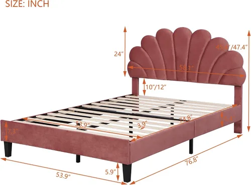 Vista 2 de P PURLOVE Base de cama tapizada de tamaño matrimonial, marco de cama matrimonial con cabecera de terciopelo con patrón de flores, marco de cama