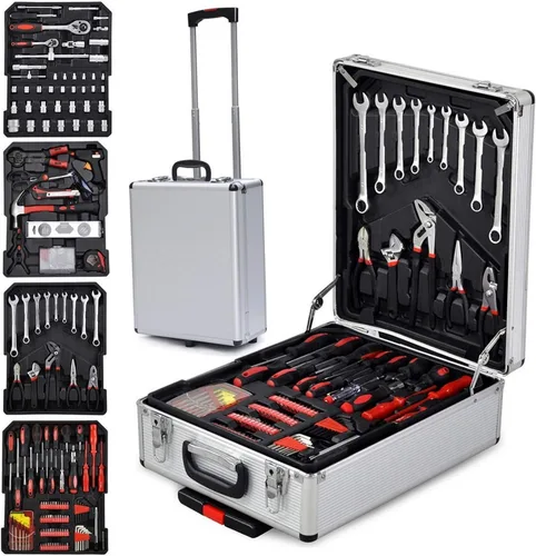Vista 3 de Juego de herramientas con caja de aluminio para carretilla de 799 piezas, juego de herramientas de reparación automática para el hogar con ruedas