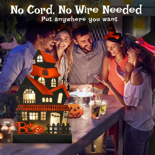 Vista 4 de Decoraciones de Halloween para interiores, luces de casa embrujada, decoración de mesa de madera para el hogar, funciona con pilas, decoración