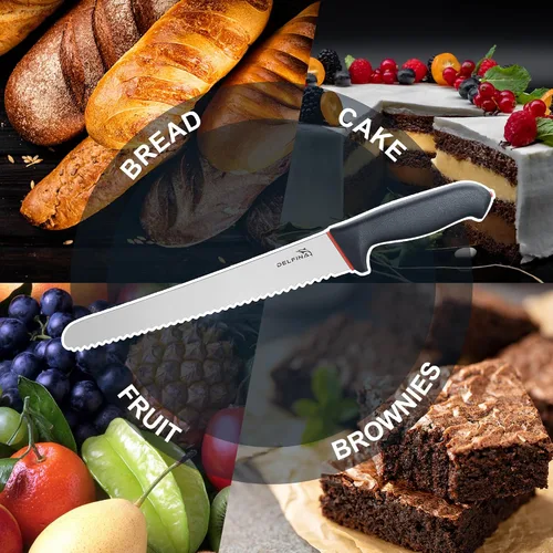 Vista 5 de DELFINA Cuchillo de pan de 10 pulgadas para masa madre de pan casero con agarre suave, cuchillo de pan dentado, borde ondulado, con funda para panes