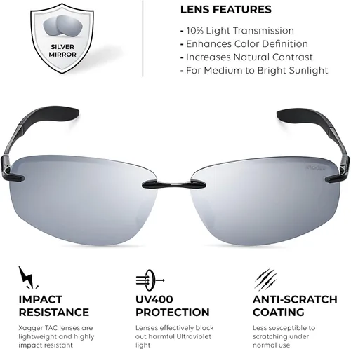 Vista 3 de Xagger Gafas de sol polarizadas para hombre, marco de metal sin montura UV400, protección solar