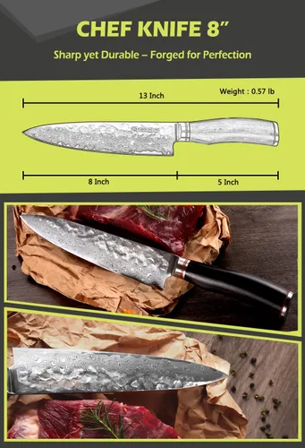 Vista 3 de YOUSUNLONG Cuchillo de chef – Cuchillos de cocina Gyuto de 8 pulgadas – Cuchillo afilado – Acero de Damasco martillado japonés – Mango de ébano