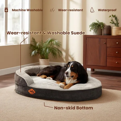 Vista 4 de Laifug Cama ovalada de espuma viscoelástica para perros (31 x 21 x 7 pulgadas, gris), cama ortopédica para perros con forro impermeable duradero