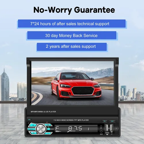Vista 7 de Estéreo de coche con pantalla abatible Single Din con Carplay inalámbrico y Android Auto, pantalla táctil de 7 pulgadas, 1 Din, compatible
