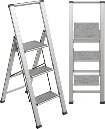Vista 11 de Escalera de Peldaños de 1 Escalón Plegable, Decorativa - Hermosa Madera Gris y Aluminio Negro, Perfil Ultra Delgado, Peldaños Antideslizantes