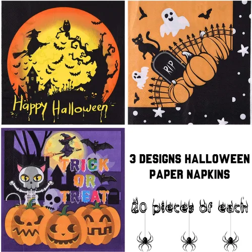 Vista 2 de ASTARON Paquete de 60 servilletas de Halloween de 13 x 13 pulgadas, servilletas de papel desechables para decoración de mesa de Halloween