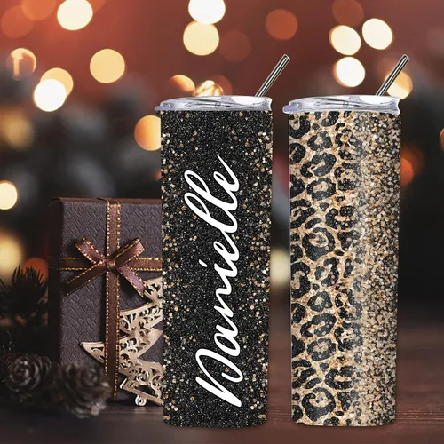 Vista 7 de Vaso delgado personalizado con purpurina con tapas y popotes, nombres, vasos de acero inoxidable personalizados con imagen para mujeres, hombres
