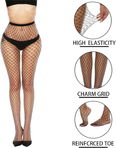 Vista 5 de MANZI Medias de red de cintura alta para mujer medias de malla sexy con agujero grande