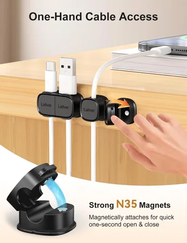 Vista 4 de Paquete de 6 clips magnéticos para cables [apertura/bloqueo en 1s], organizador y sujetador de cables Laitver con adhesivo fuerte para escritorio