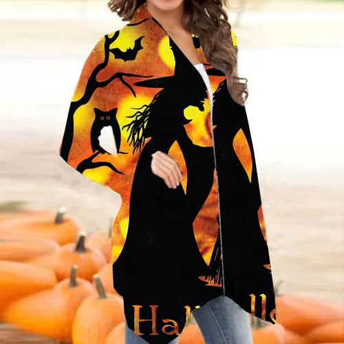 Vista 4 de symoid Disfraces de Halloween para mujer, estampado de araña gótica, manga larga, frente abierto, cárdigan de tela de araña, trajes de vacaciones