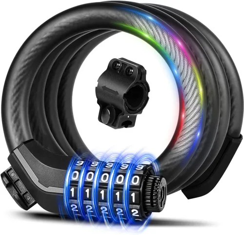 Vista 9 de KEYSTP Cable de bloqueo de bicicleta de 5 dígitos, cerradura de bicicleta de combinación reajustable resistente, antirrobo con soporte de montaje