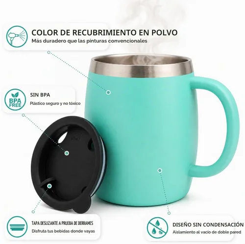 Vista 2 de Juego de 2 tazas de café aisladas de acero inoxidable (14 onzas) de doble pared con tapa y asa resistentes a derrames, tazas inastillables para Azul