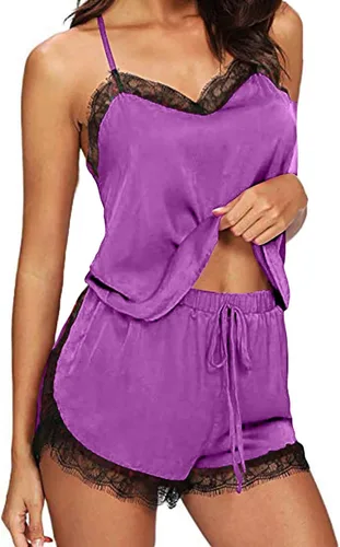 Vista 2 de Womens Two Piece Loungewear Sets Camisole Top With Elastic Shorts Teen Girls Summer Cooling Lace Trim Sleepwear