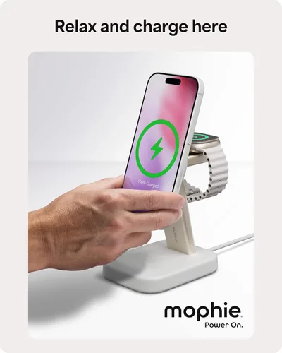 Vista 10 de Mophie Soporte de carga inalámbrico 2 en 1, certificado Qi2, cargador MagSafe para iPhone y Apple Watch, estación de carga rápida con soporte